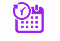 Purple calendar icon with clock and arrow.