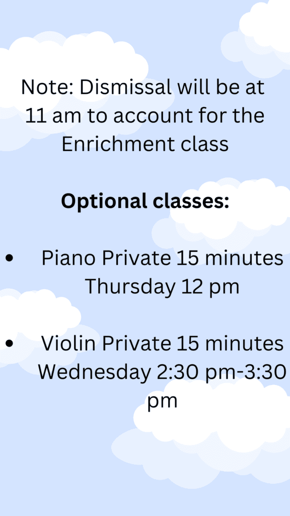 Piano and violin private lesson schedule.