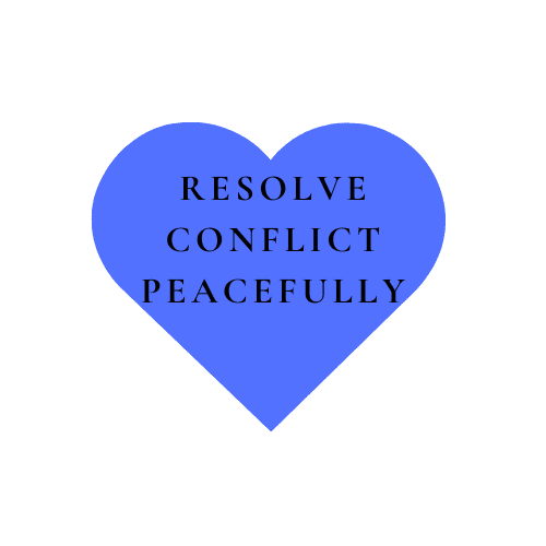 Blue heart with "Resolve conflict peacefully" text.